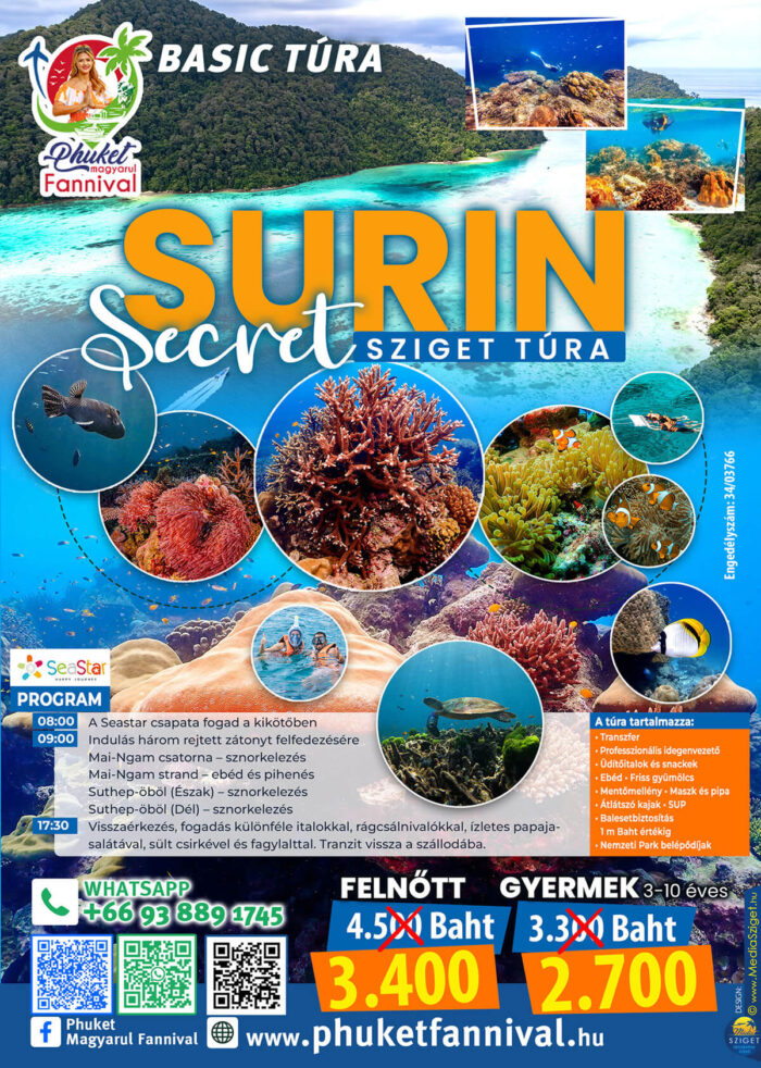 Surin Secret szigettúra snorkeling programmal és Moken falu látogatással – Phuket Fannival magyar nyelvű idegenvezetés.
